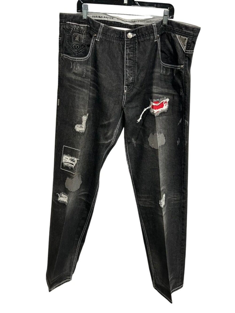 Parish 44 Distressed Black Denim Jeans Red Patchwork Grungecore Alt Streetwear